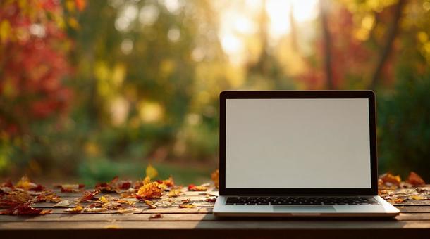 紅葉の中で働くノートパソコン 紅葉の中で働くノートパソコンの写真