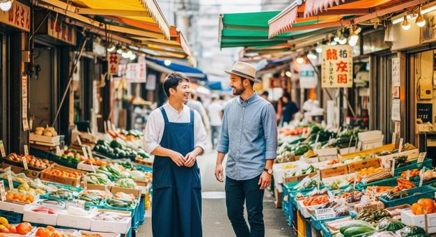 日本の市場通りを散策する外国人旅行者 日本の市場通りを散策する外国人旅行者の写真