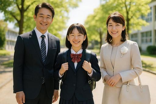 入学式に参加する両親と女の子 入学式に参加する両親と女の子の写真
