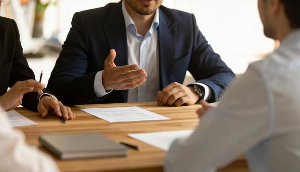 身振り手振りで意見を発表するビジネスマン 身振り手振りで意見を発表するビジネスマンの写真