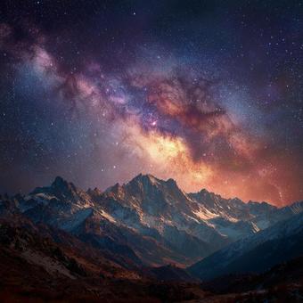 神秘的な夜空:星々が輝く雪山の絶景 神秘的な夜空:星々が輝く雪山の絶景の写真