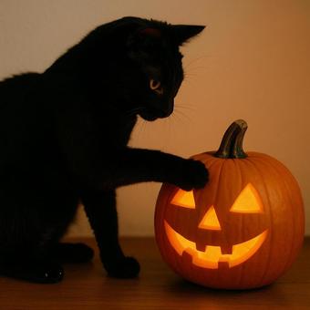黒猫とジャックオランタンの写真