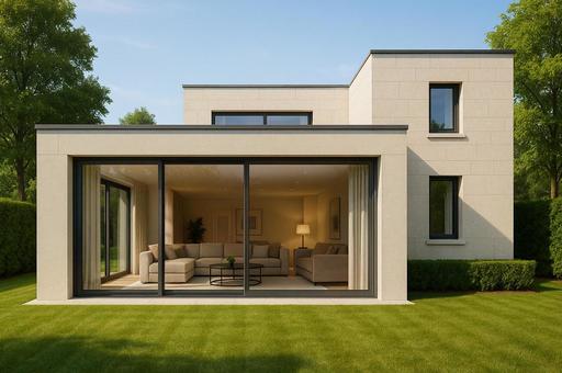 現代的な豪邸と明るいリビングの写真