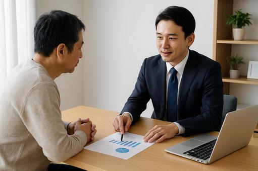 老後資金相談する男性とFP 老後資金相談する男性とFPの写真