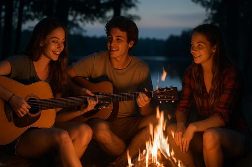 焚き火とギターの夕暮れ時間の写真