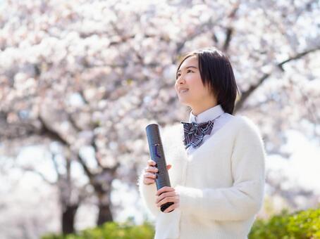 Image of graduating cherry blossom high school girls, árvore de cereja, graduação, cerimônia de graduação, JPG