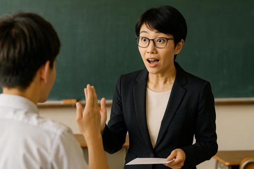 生徒と対話する教師の写真