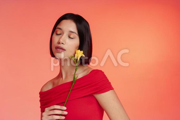 フリージアを持つ女性 女性,目を瞑る,フリージアの写真素材