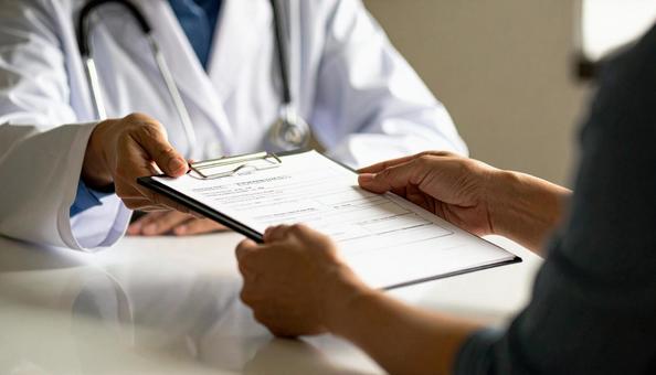 手術前に患者に手術同意書を渡す医師 手術前に患者に手術同意書を渡す医師の写真