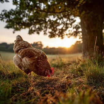 放し飼いのニワトリのローアングル 放し飼いのニワトリのローアングルの写真