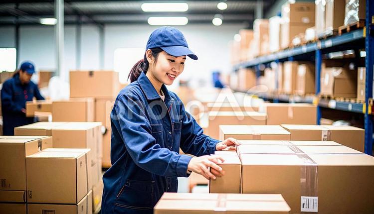 倉庫で働く作業服の20代の日本人女性 倉庫内作業,システム,スタッフの写真素材