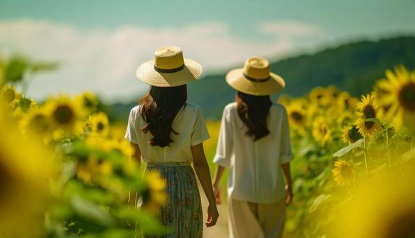 ひまわり畑を歩く女性たち ひまわり畑を歩く女性たちの写真