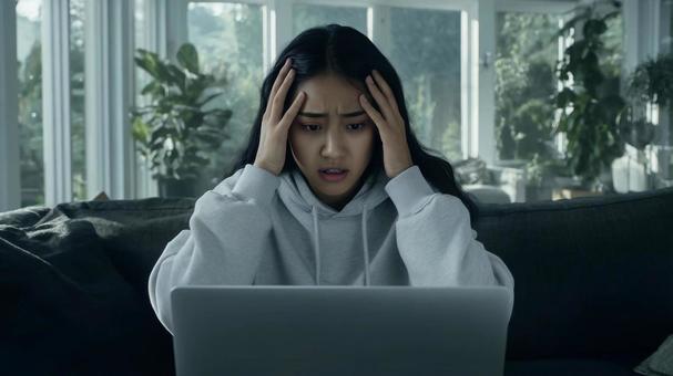 PCの前で頭を抱える女性 01 PCの前で頭を抱える女性 01の写真
