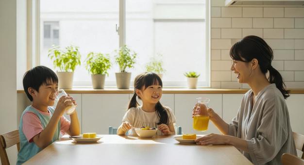 母と子供2人が食卓にいる朝食シーンの写真