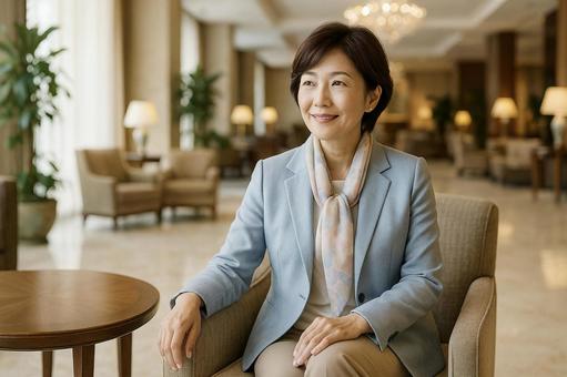 ホテルのラウンジでリラックスする中年女性 ホテルのラウンジでリラックスする中年女性の写真