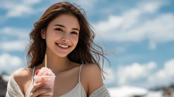 青空と女性の夏スイーツ 青空と女性の夏スイーツの写真