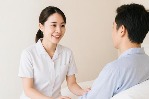 患者に優しく声をかける看護師 患者に優しく声をかける看護師の写真