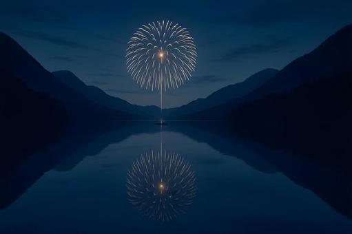 湖面に映る花火 湖面に映る花火の写真
