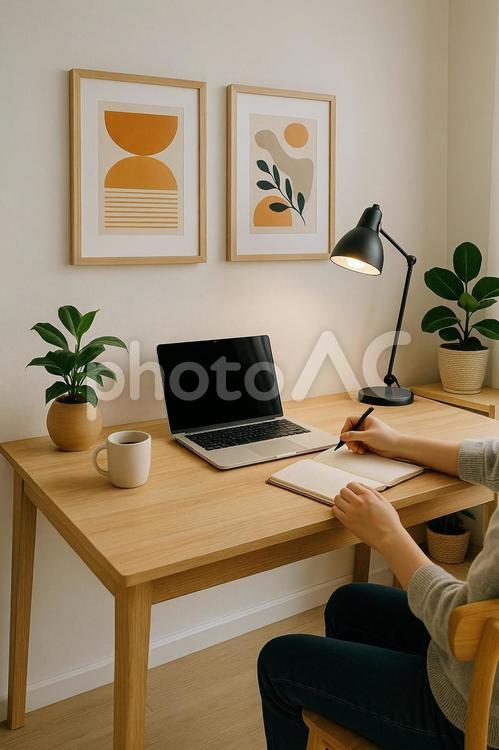 自宅デスクワーク 自宅デスクワーク ノートパソコン,ノート,コーヒーの写真素材