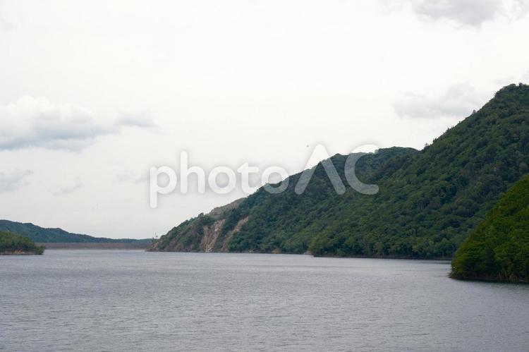 胆沢ダム　奥州湖の春の新緑の風景 胆沢ダム,奥州湖,湖の写真素材