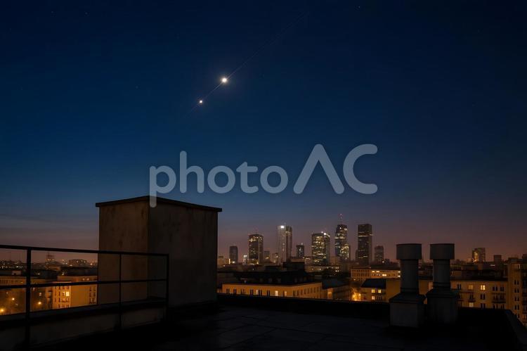 屋上と惑星の夜景 夜景,都市景観,屋上の写真素材