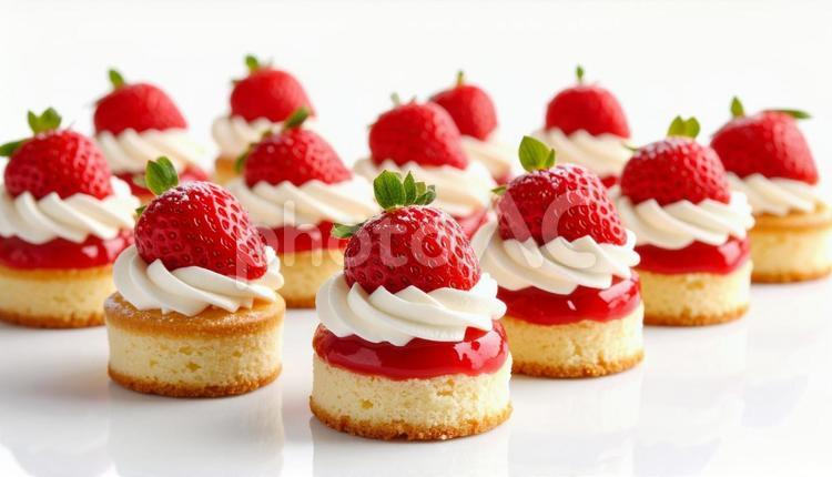 並ぶ苺ケーキが奏でる甘いリズム ショートケーキ,苺,赤の写真素材