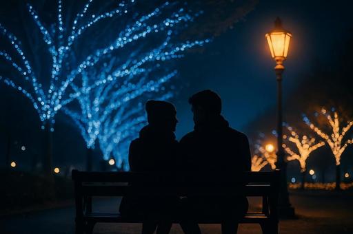 イルミネーションをみながら語らうカップルの写真