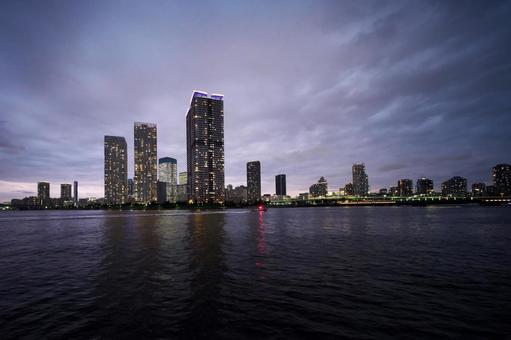 春海橋公園遊歩道と晴海のタワーマンション 春海橋公園遊歩道と晴海のタワーマンションの写真