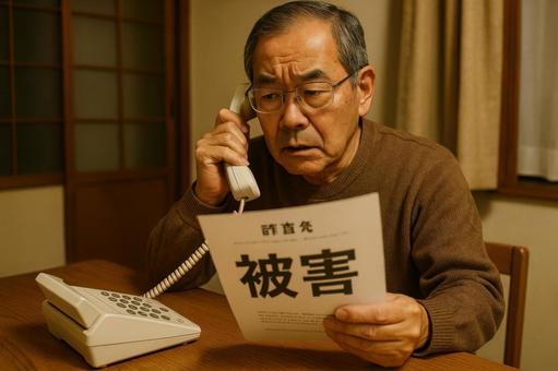 詐欺被害通報する高齢男性 詐欺被害通報する高齢男性の写真