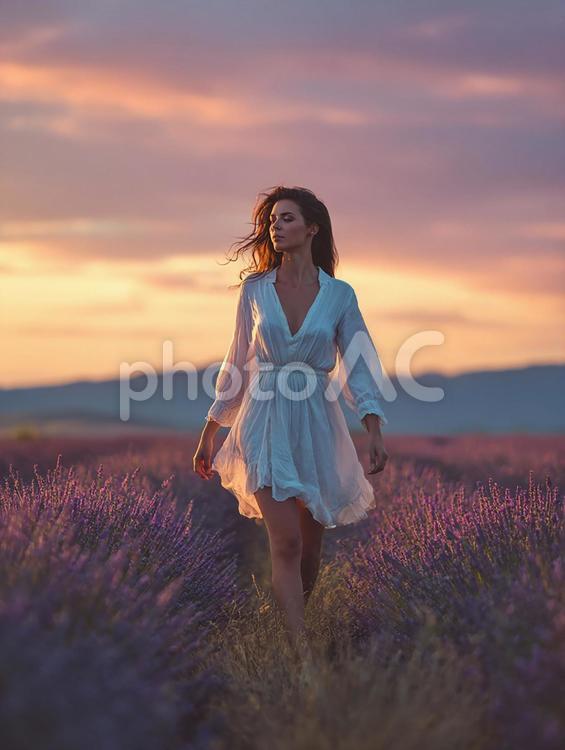 自然と一体となる瞬間：ラベンダー畑の女性 女性,ラベンダー,花畑の写真素材