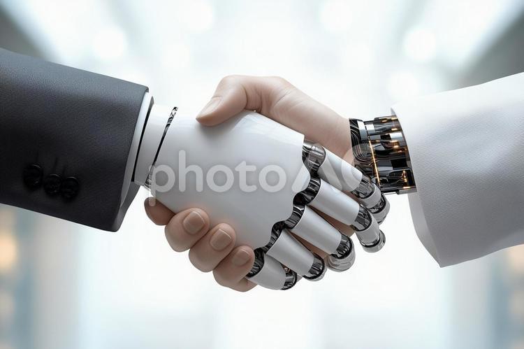 握手をするロボットと機械化された人間の手 握手,ロボット,ビジネスの写真素材