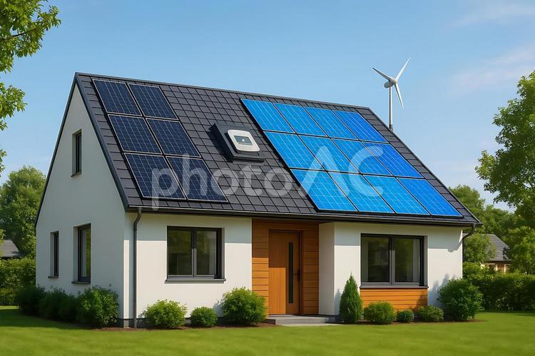 二種の太陽光パネルを備えた未来型住宅 未来住宅,戸建て,太陽光発電の写真素材