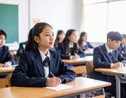授業中の中学生の女子生徒 授業中の中学生の女子生徒の写真
