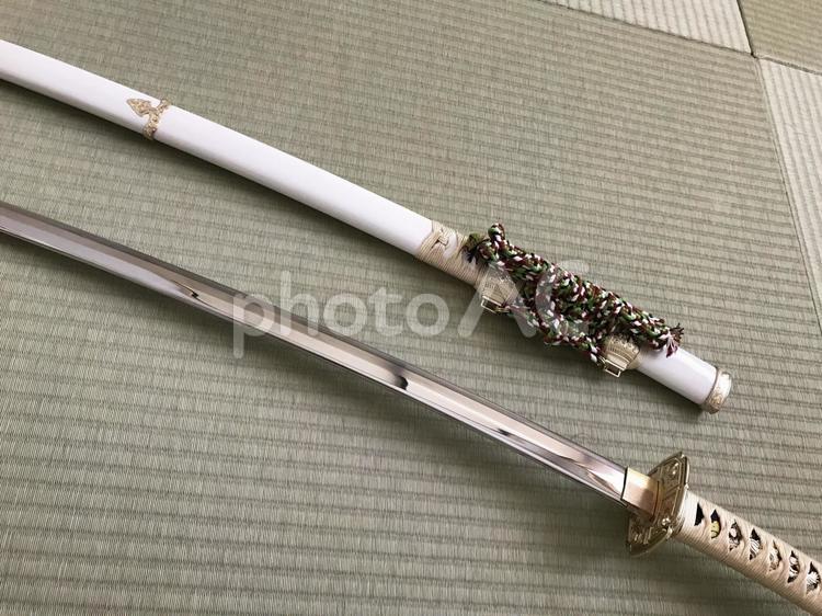 白い模造刀 刀,畳,模造刀の写真素材