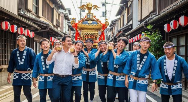 夏祭りの神輿を担ぐ外国人の参加者たち 夏祭りの神輿を担ぐ外国人の参加者たちの写真