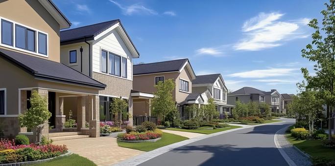 新築のキレイな家と青空が広がる住宅街の写真