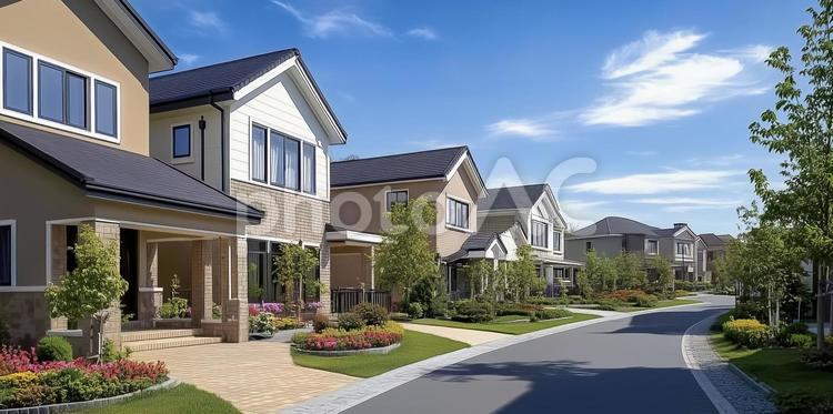 新築のキレイな家と青空が広がる住宅街 住宅,家,不動産の写真素材