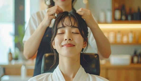 美容室でヘッドスパを受ける女性 美容室でヘッドスパを受ける女性の写真