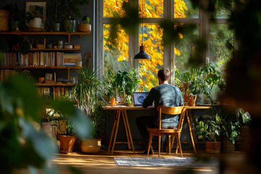 Work with concentration in a space surrounded by plants, home office, remote work, in the house service, JPG