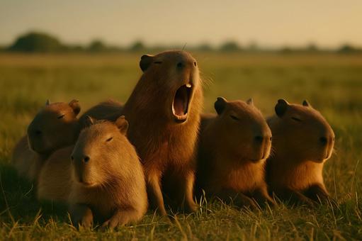夕陽と群れるカピバラ 夕陽と群れるカピバラの写真