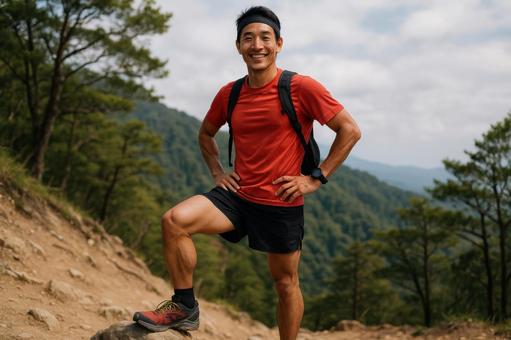 山の中腹でポーズを取るランナー 山の中腹でポーズを取るランナーの写真