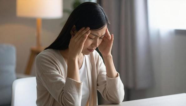 頭を抱えて落ち込む日本人女性 頭を抱えて落ち込む日本人女性の写真