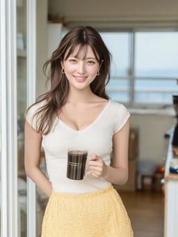 モーニングコーヒーを楽しむ女性 モーニングコーヒーを楽しむ女性の写真
