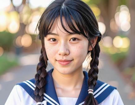 三つ編みセーラー服の女学生 三つ編みセーラー服の女学生の写真