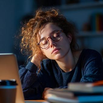 深夜まで勉強（仕事）をして疲れ果てた女性の写真