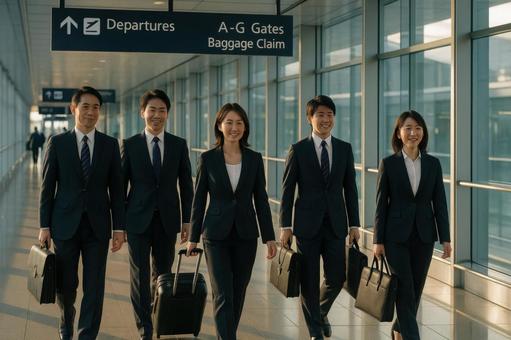 空港を歩く日本人ビジネスマンのグループ 空港を歩く日本人ビジネスマンのグループの写真