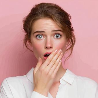 信じられないという表情を見せる20代女性 信じられないという表情を見せる20代女性の写真