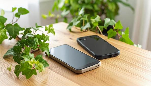 連絡交換のイメージ 机の上の携帯電話二台 連絡交換のイメージ 机の上の携帯電話二台の写真