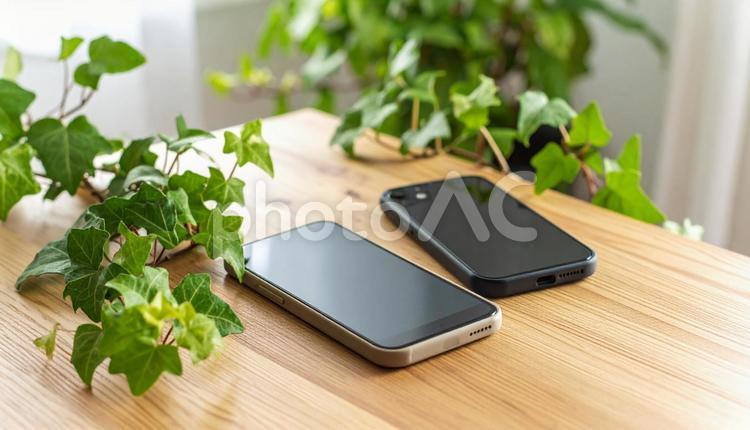 連絡交換のイメージ　机の上の携帯電話二台 連絡,交換,アドレスの写真素材