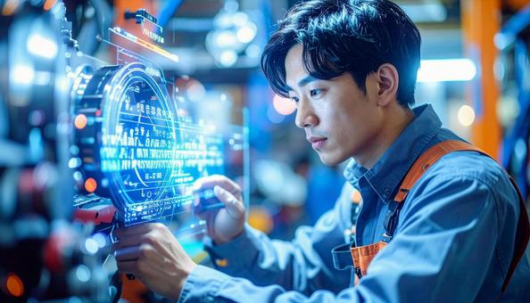 Maintaining machinery while viewing a hologram, hologram, machine maintenance, factory, JPG